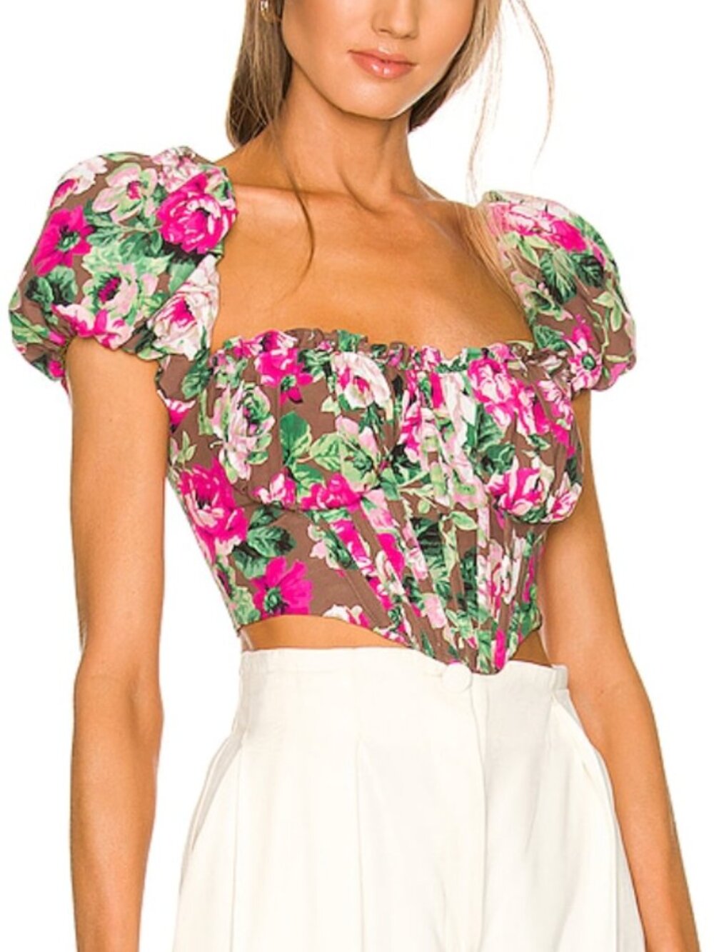 REVOLVE LPA Corset Bustier Puff Sleeve Floral Top
